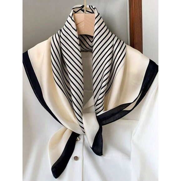 ✨Luxury Elegant Bandana Silky Square Scarf WHITE BLANK Striped Multifunctional✨ - Picture 4 of 7